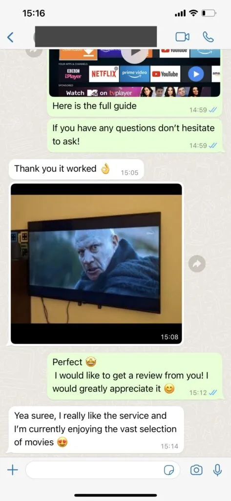 Capture d écran avis et assistance client WhatsApp Aero TV 1