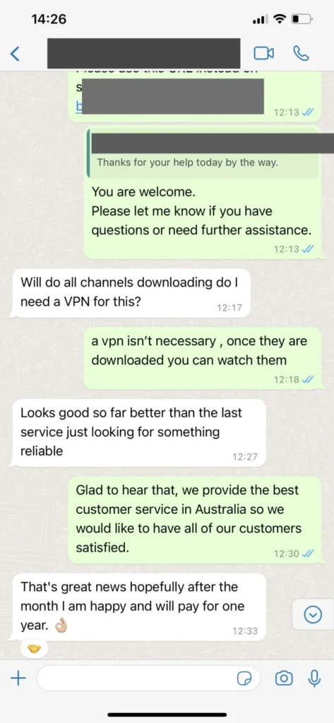 Capture d écran avis et assistance client WhatsApp Aero TV 3
