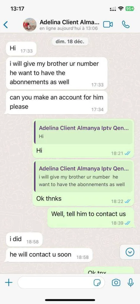 Capture d écran avis et assistance client WhatsApp Aero TV 5